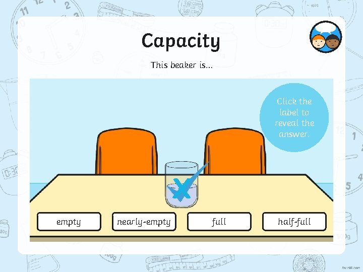 Capacity This beaker is… Click the label to reveal the answer. X empty nearly-empty