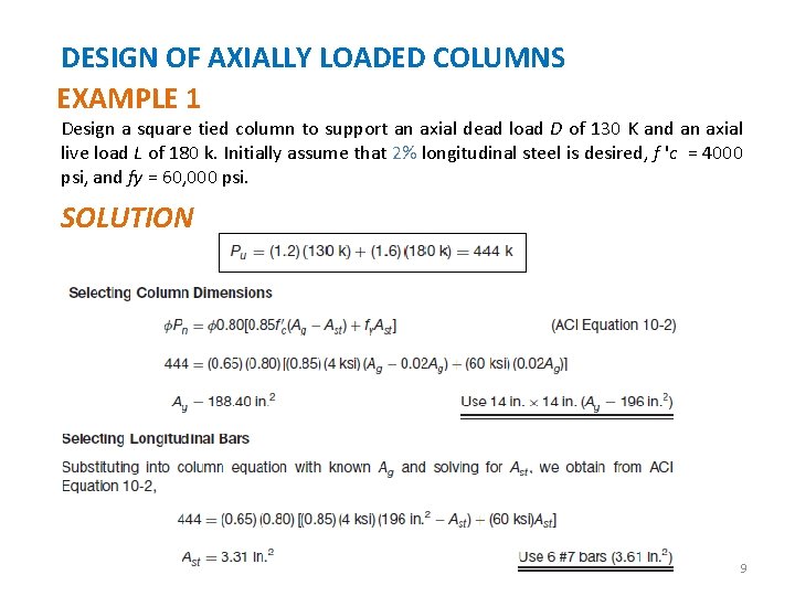 DESIGN OF AXIALLY LOADED COLUMNS EXAMPLE 1 Design a square tied column to support