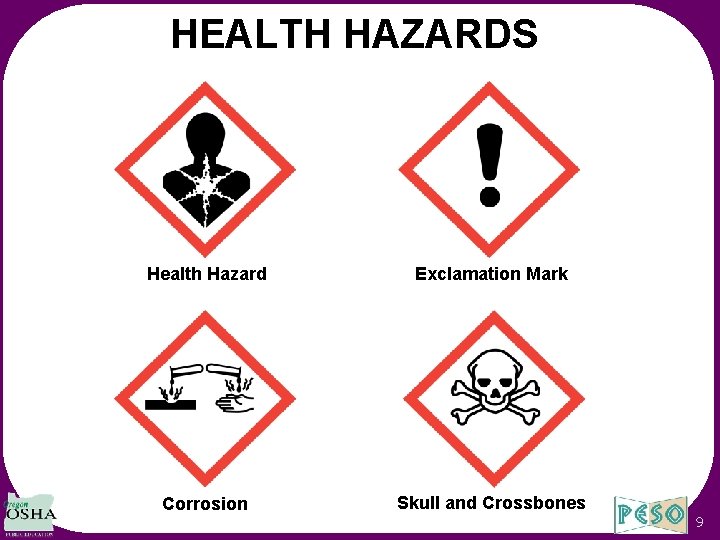 HEALTH HAZARDS Health Hazard Exclamation Mark Corrosion Skull and Crossbones 9 
