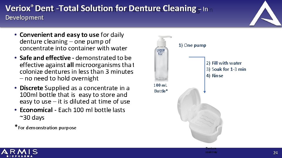 Veriox® Dent ‐Total Solution for Denture Cleaning – In Development • Convenient and easy