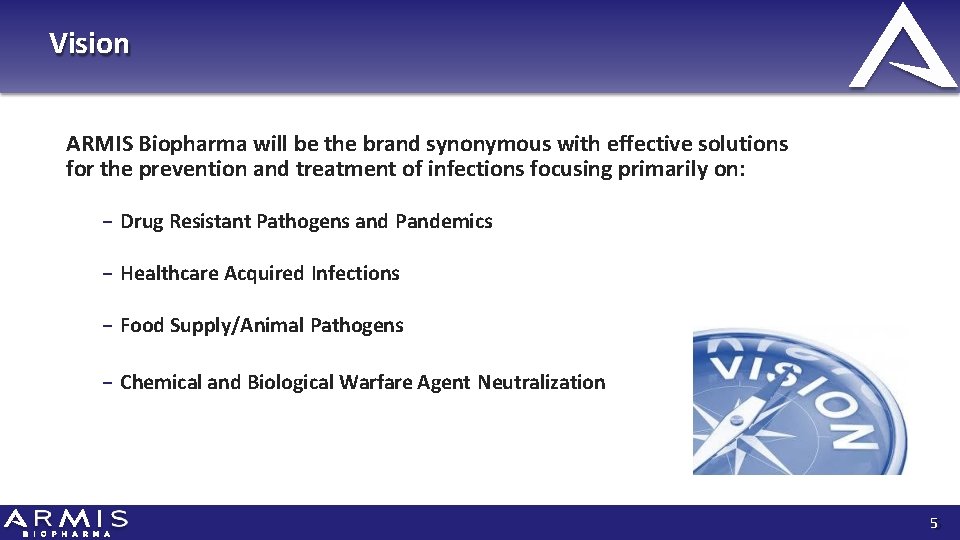 Vision ARMIS Biopharma will be the brand synonymous with effective solutions for the prevention