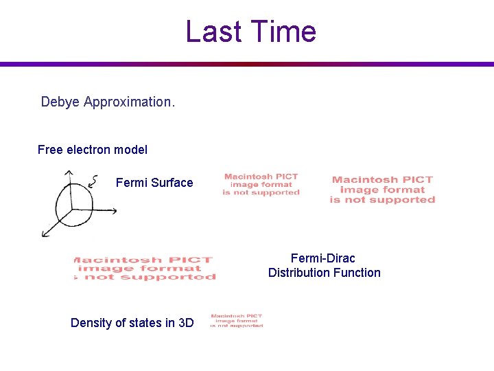 Last Time Debye Approximation. Free electron model Fermi Surface Fermi-Dirac Distribution Function Density of