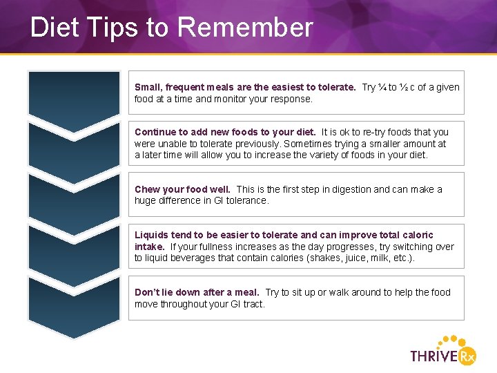 Diet Tips to Remember Small, frequent meals are the easiest to tolerate. Try ¼