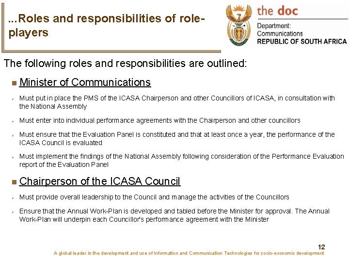 . . . Roles and responsibilities of roleplayers The following roles and responsibilities are