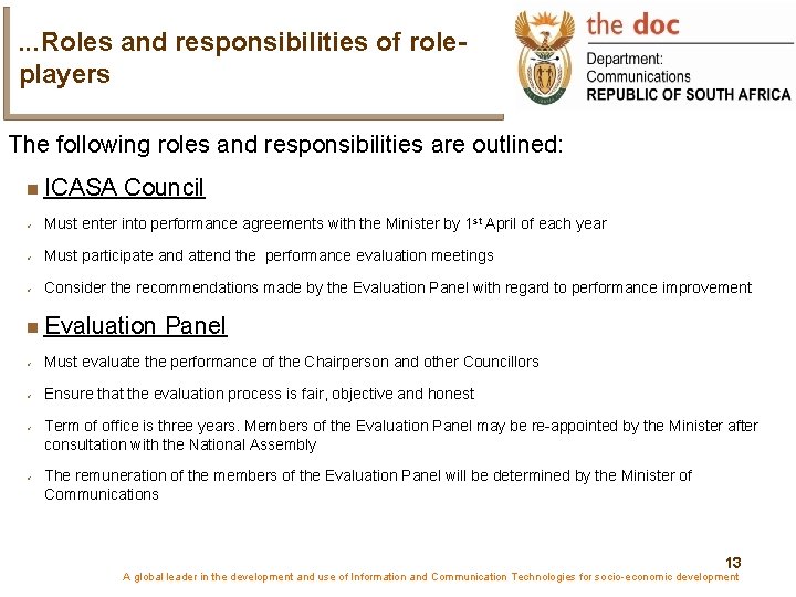 . . . Roles and responsibilities of roleplayers The following roles and responsibilities are