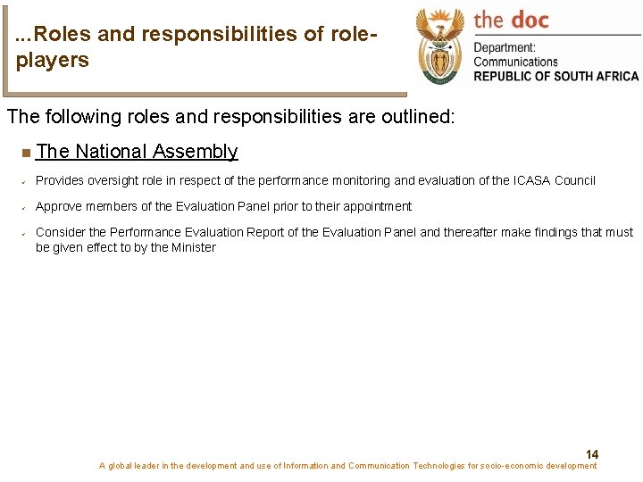. . . Roles and responsibilities of roleplayers The following roles and responsibilities are