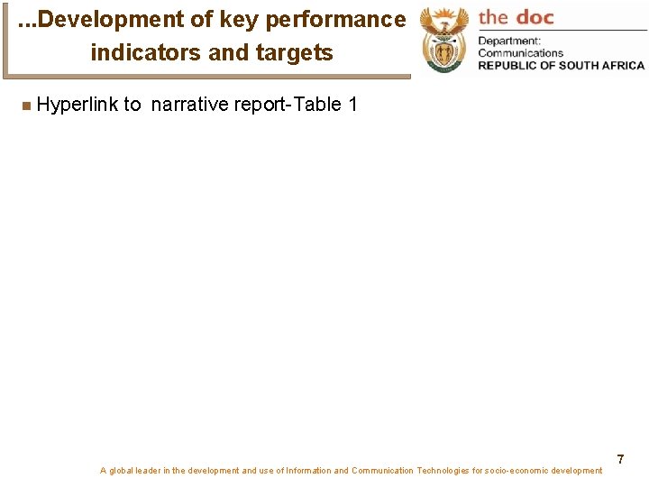 . . . Development of key performance indicators and targets Hyperlink to narrative report-Table
