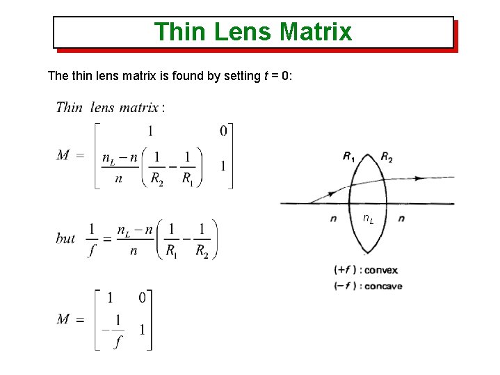 Thin Lens Matrix The thin lens matrix is found by setting t = 0: