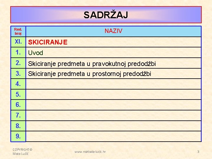 SADRŽAJ Red. broj NAZIV XI. SKICIRANJE 1. Uvod 2. Skiciranje predmeta u pravokutnoj predodžbi