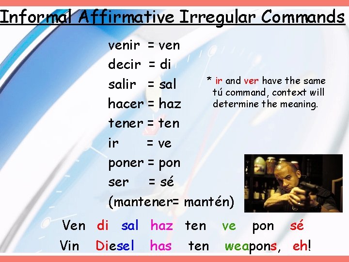 Informal Affirmative Irregular Commands venir = ven decir = di * ir and ver Informal Affirmative Irregular Commands venir = ven decir = di * ir and ver