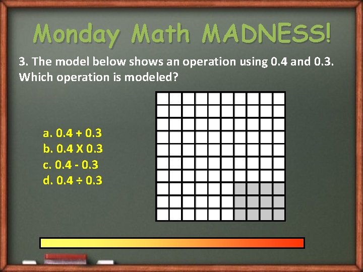 Monday Math MADNESS! 3. The model below shows an operation using 0. 4 and