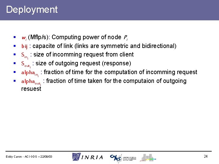 Deployment § § § wi (Mflp/s): Computing power of node Pi bij : capacite