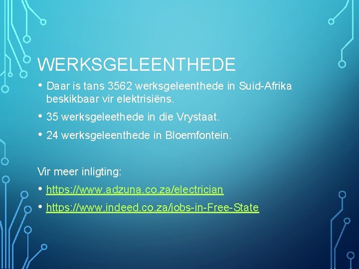 WERKSGELEENTHEDE • Daar is tans 3562 werksgeleenthede in Suid-Afrika beskikbaar vir elektrisiëns. • 35