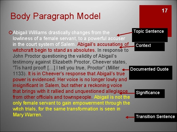 Body Paragraph Model 17 Topic Sentence ¡Abigail Williams drastically changes from the lowliness of