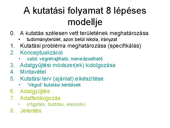 A kutatási folyamat 8 lépéses modellje 0. A kutatás szélesen vett területének meghatározása •