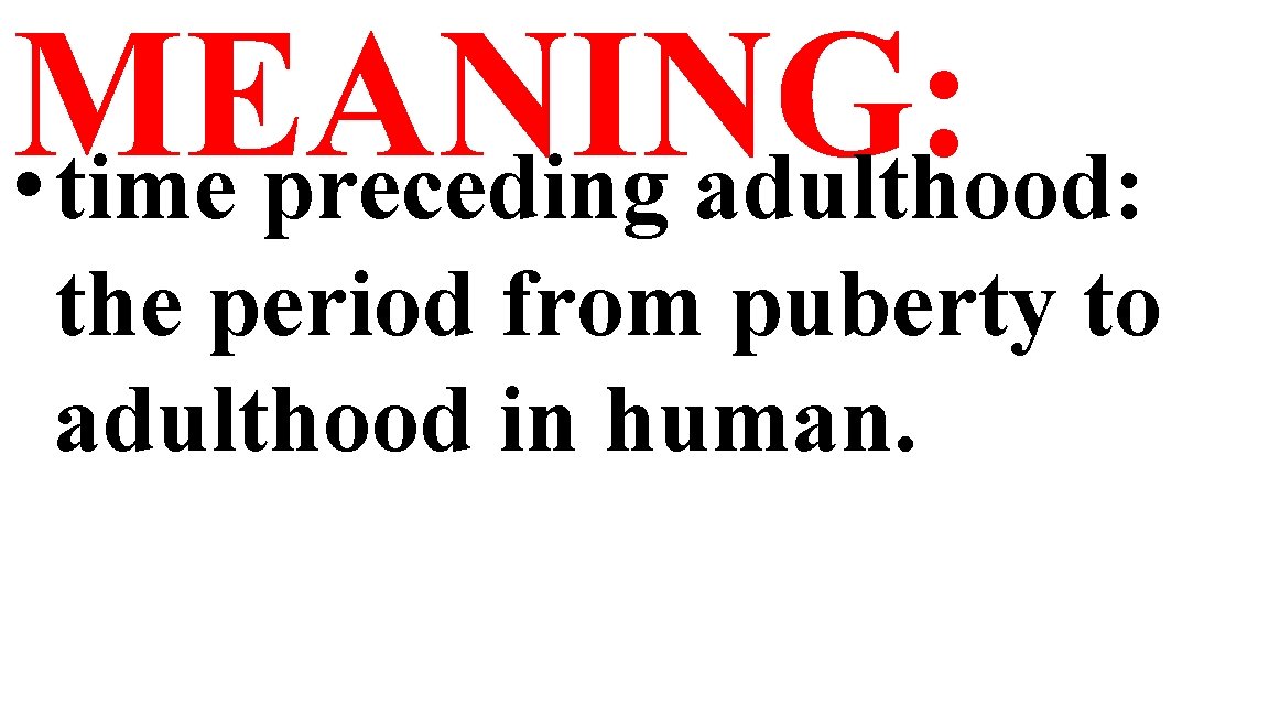 MEANING: • time preceding adulthood: the period from puberty to adulthood in human. 