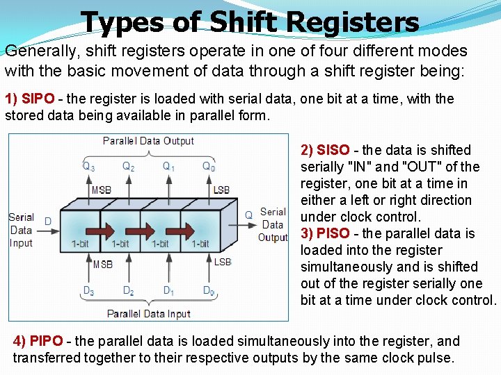 Types of Shift Registers Generally, shift registers operate in one of four different modes