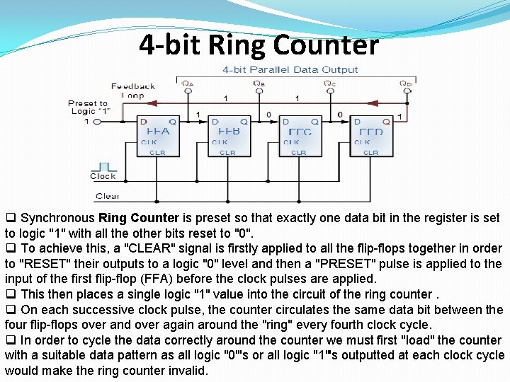 4 -bit Ring Counter q Synchronous Ring Counter is preset so that exactly one