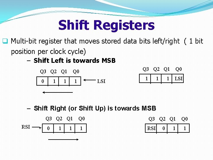 Shift Registers q Multi-bit register that moves stored data bits left/right ( 1 bit