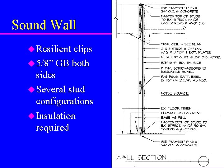 Sound Wall u Resilient clips u 5/8” GB both sides u Several stud configurations Sound Wall u Resilient clips u 5/8” GB both sides u Several stud configurations