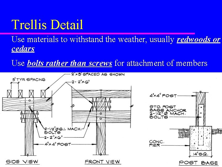 Trellis Detail Use materials to withstand the weather, usually redwoods or cedars Use bolts Trellis Detail Use materials to withstand the weather, usually redwoods or cedars Use bolts