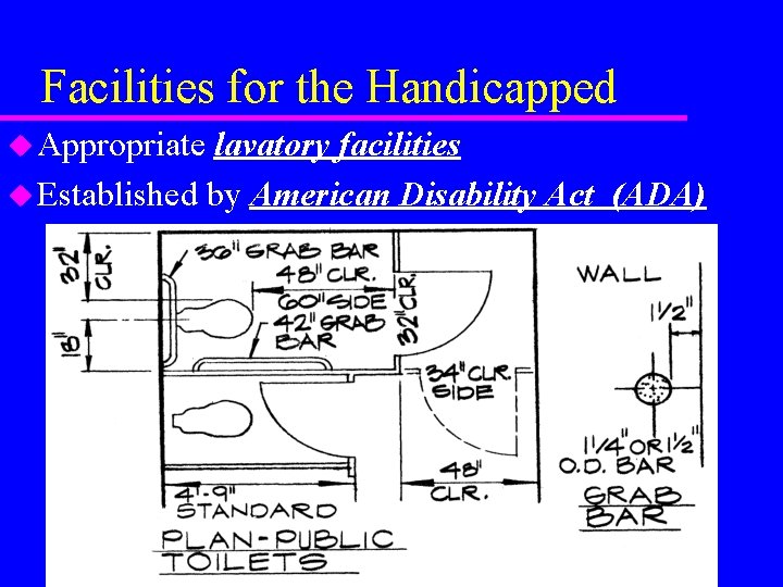 Facilities for the Handicapped u Appropriate lavatory facilities u Established by American Disability Act Facilities for the Handicapped u Appropriate lavatory facilities u Established by American Disability Act