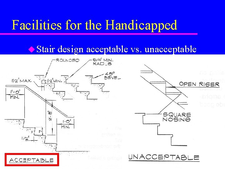 Facilities for the Handicapped u Stair design acceptable vs. unacceptable Facilities for the Handicapped u Stair design acceptable vs. unacceptable