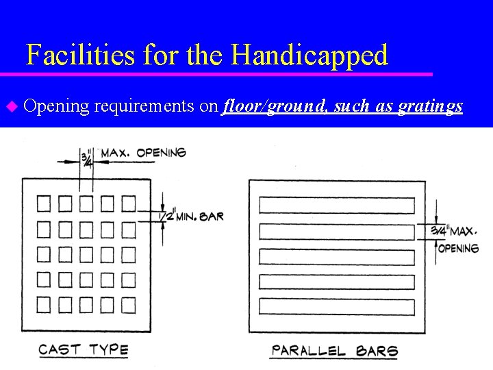 Facilities for the Handicapped u Opening requirements on floor/ground, such as gratings Facilities for the Handicapped u Opening requirements on floor/ground, such as gratings