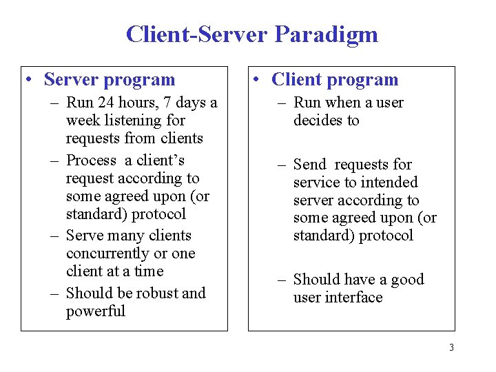 Client-Server Paradigm • Server program – Run 24 hours, 7 days a week listening