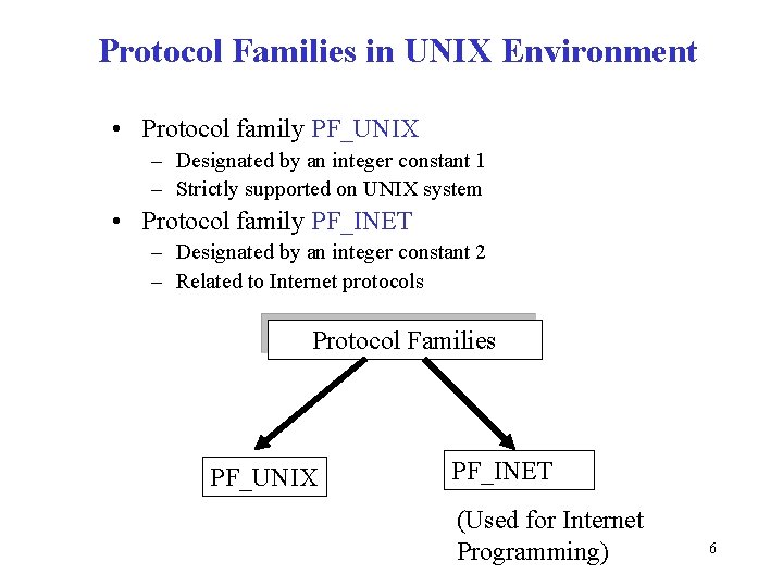 Protocol Families in UNIX Environment • Protocol family PF_UNIX – Designated by an integer