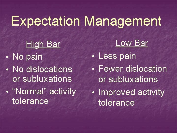 Expectation Management High Bar • No pain • No dislocations or subluxations • “Normal”