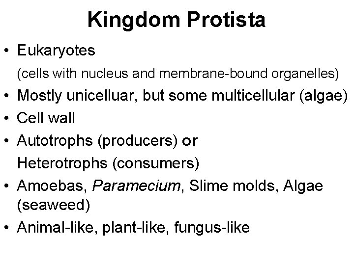 Kingdom Protista • Eukaryotes (cells with nucleus and membrane-bound organelles) • Mostly unicelluar, but