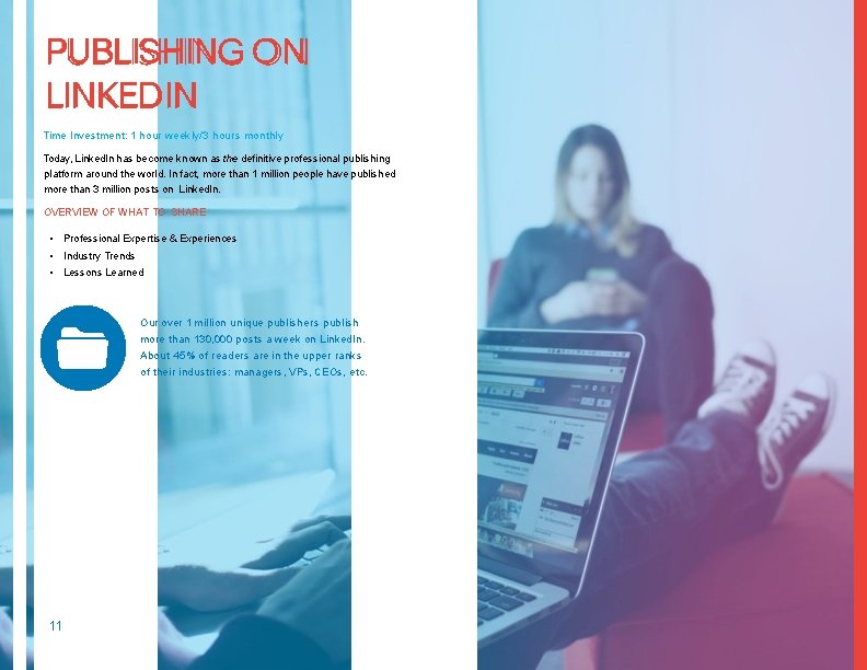 PUBLISHING ON LINKEDIN Time Investment: 1 hour weekly/3 hours monthly Today, Linked. In has PUBLISHING ON LINKEDIN Time Investment: 1 hour weekly/3 hours monthly Today, Linked. In has