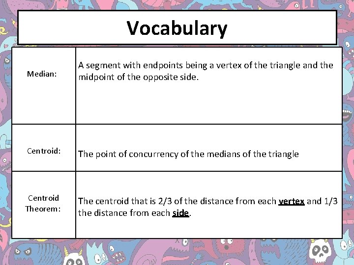 Vocabulary Median: A segment with endpoints being a vertex of the triangle and the