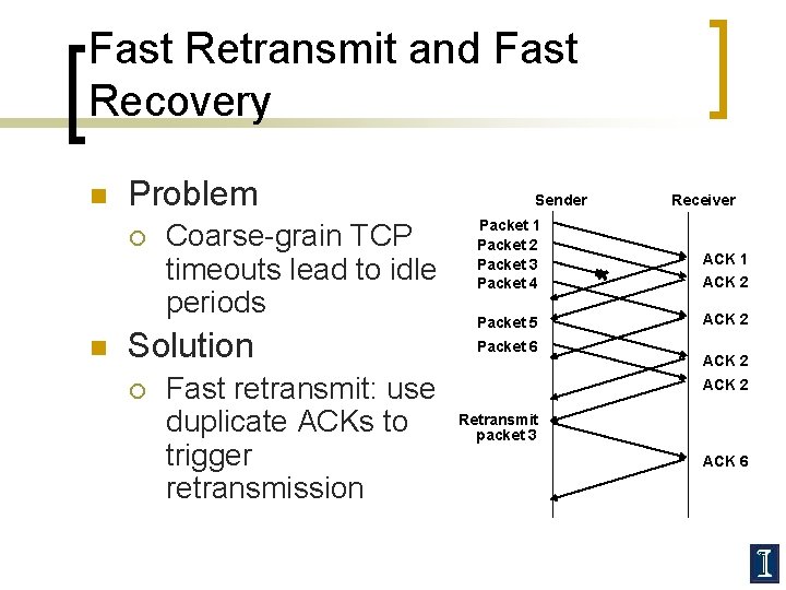 Fast Retransmit and Fast Recovery n Problem ¡ n Coarse-grain TCP timeouts lead to
