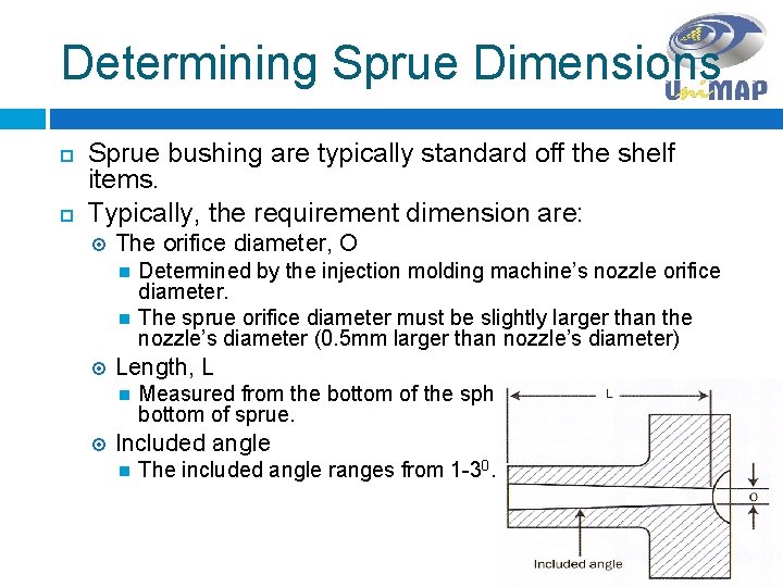 Determining Sprue Dimensions Sprue bushing are typically standard off the shelf items. Typically, the