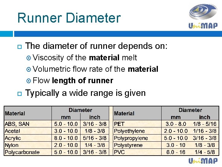 Runner Diameter The diameter of runner depends on: Viscosity of the material melt Volumetric