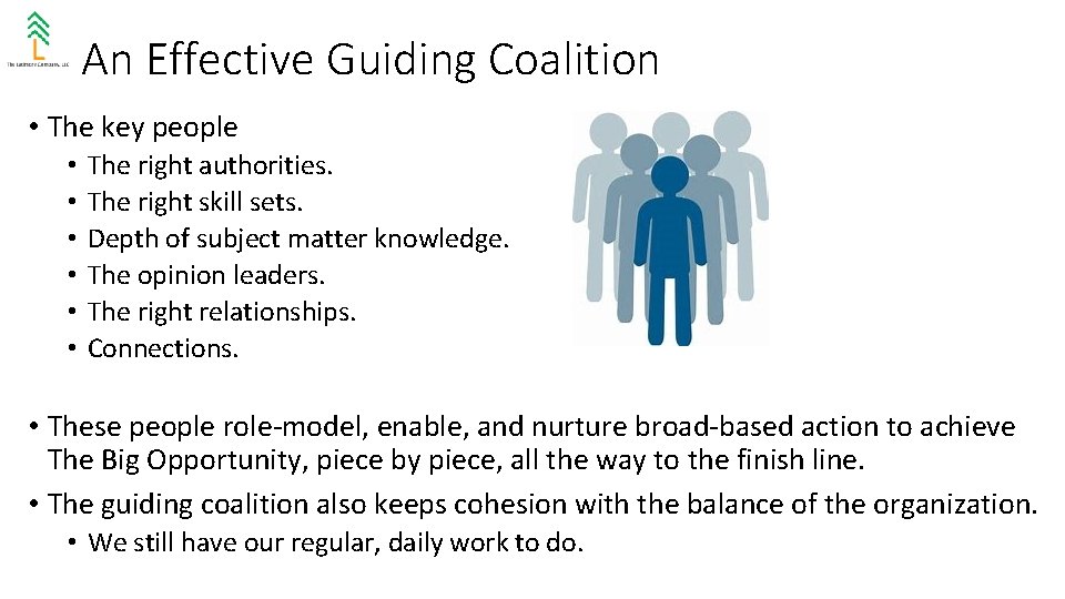 An Effective Guiding Coalition • The key people • • • The right authorities.