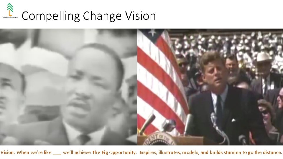 Compelling Change Vision: When we’re like ___, we’ll achieve The Big Opportunity. Inspires, illustrates,