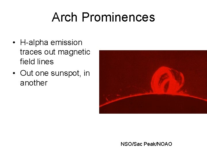 Arch Prominences • H-alpha emission traces out magnetic field lines • Out one sunspot,