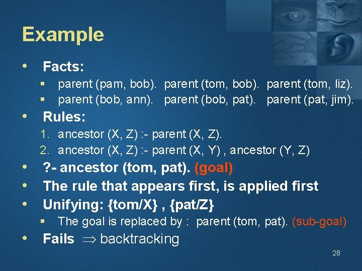 Example • Facts: § § parent (pam, bob). parent (tom, liz). parent (bob, ann).