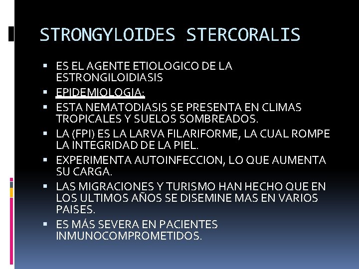 STRONGYLOIDES STERCORALIS ES EL AGENTE ETIOLOGICO DE LA ESTRONGILOIDIASIS EPIDEMIOLOGIA: ESTA NEMATODIASIS SE PRESENTA