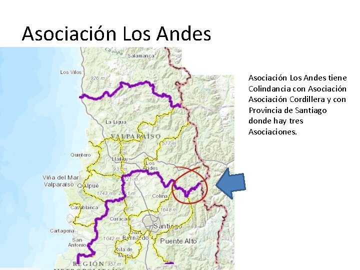 Asociación Los Andes tiene Colindancia con Asociación Cordillera y con Provincia de Santiago donde