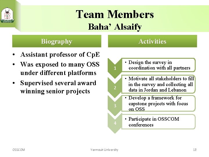 Team Members Baha’ Alsaify Biography Activities • Assistant professor of Cp. E • Was