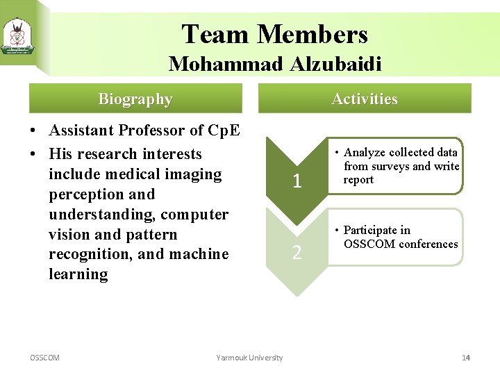 Team Members Mohammad Alzubaidi Biography Activities • Assistant Professor of Cp. E • His