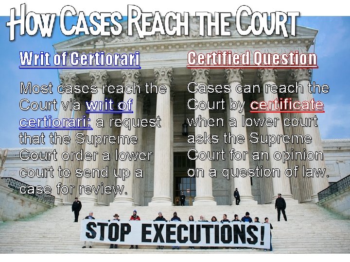 Writ of Certiorari Certified Question Most cases reach the Court via writ of certiorari: