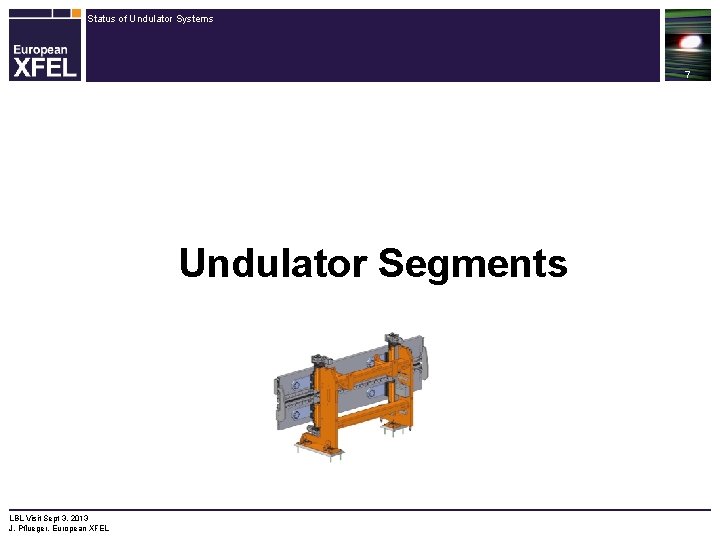 Status of Undulator Systems 7 Undulator Segments LBL Visit Sept 3, 2013 J. Pflueger,