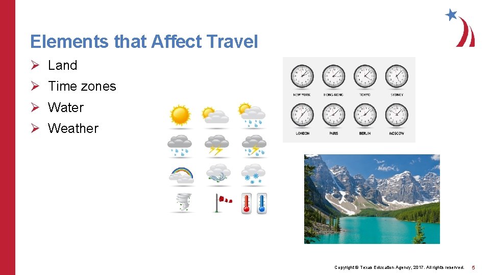 Elements that Affect Travel Ø Land Ø Time zones Ø Water Ø Weather Copyright