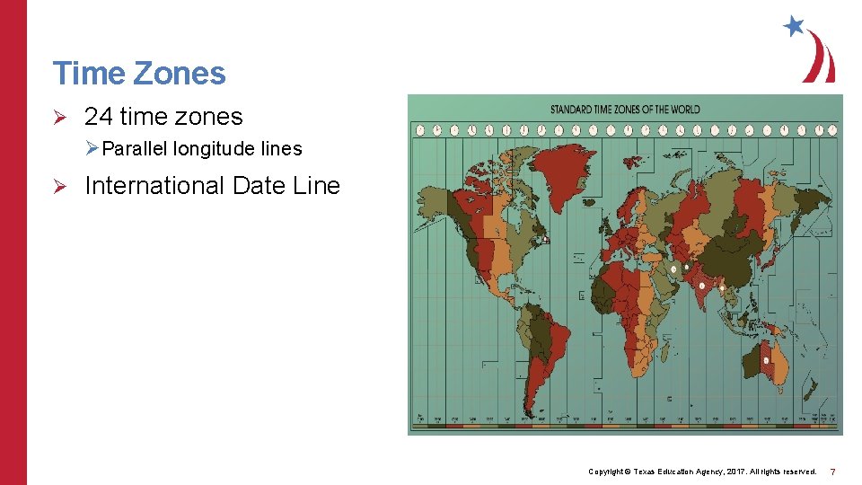 Time Zones Ø 24 time zones ØParallel longitude lines Ø International Date Line Copyright