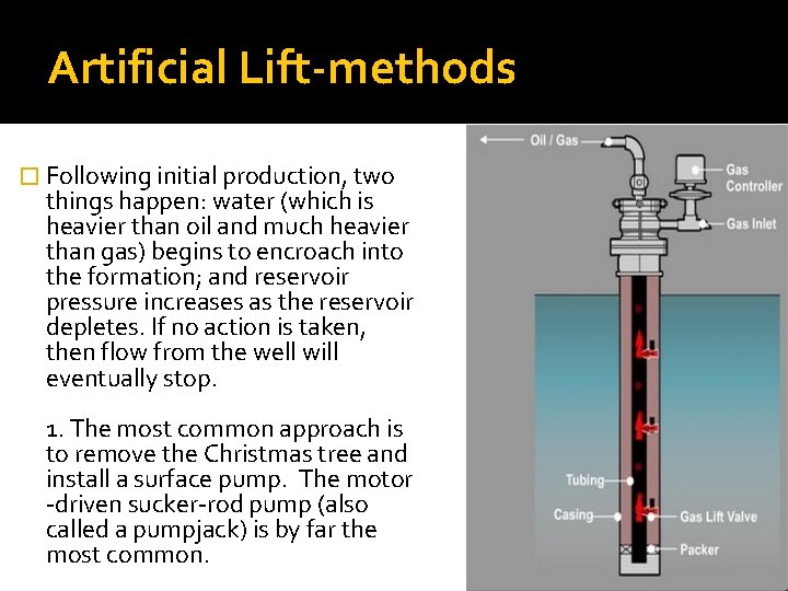 Artificial Lift-methods � Following initial production, two things happen: water (which is heavier than